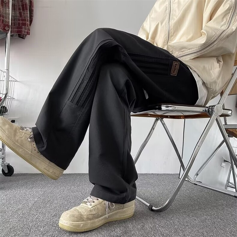直筒宽松阔腿裤拼接色弹力腰抽绳休闲裤简约休闲垂坠感,男装休闲裤,星座410-7