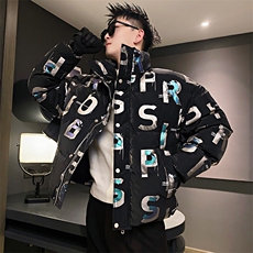 AY95/P158控208冬季社会小伙高端美式反光字母加厚羽绒棉服男黑首，男装棉衣，星座305B-1