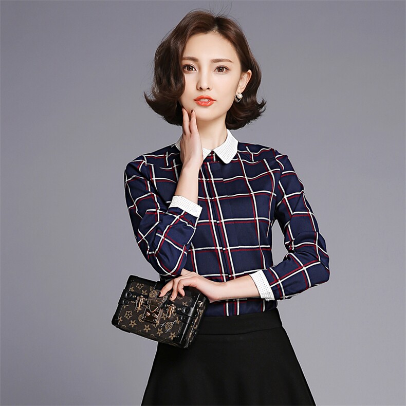 衬衫 显瘦 修身 甜美 百搭 POLO领 长袖 格子 2020年春季图片