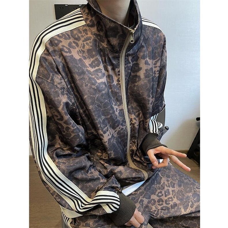 网络图现货立领豹纹三条杠套装短裤潮流短袖衬衣RZ7005-P98,男装牛仔裤,星座1005-6