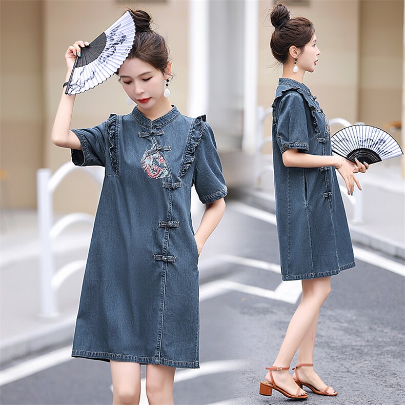2024夏装新品中式刺绣牛仔连衣裙气质修身显瘦，女装连衣裙，钱塘布衣