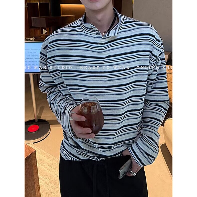 现货JY174-P50精致感小立领彩色条纹休闲宽松长袖T恤上衣网图,男装T恤,星座1501-3