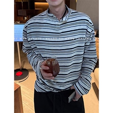 现货JY174-P50精致感小立领彩色条纹休闲宽松长袖T恤上衣网图，男装T恤，星座1501-3