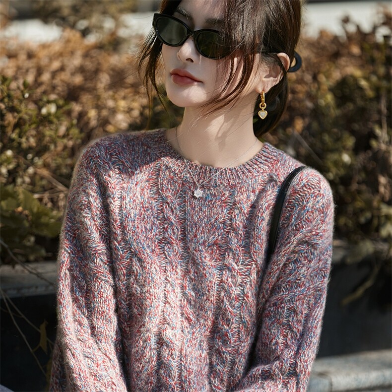 慵懒风花纱麻花100羊毛针织衫女宽松高级感保暖打底毛衣2025新款,女装羊毛衫,暖烁羊绒