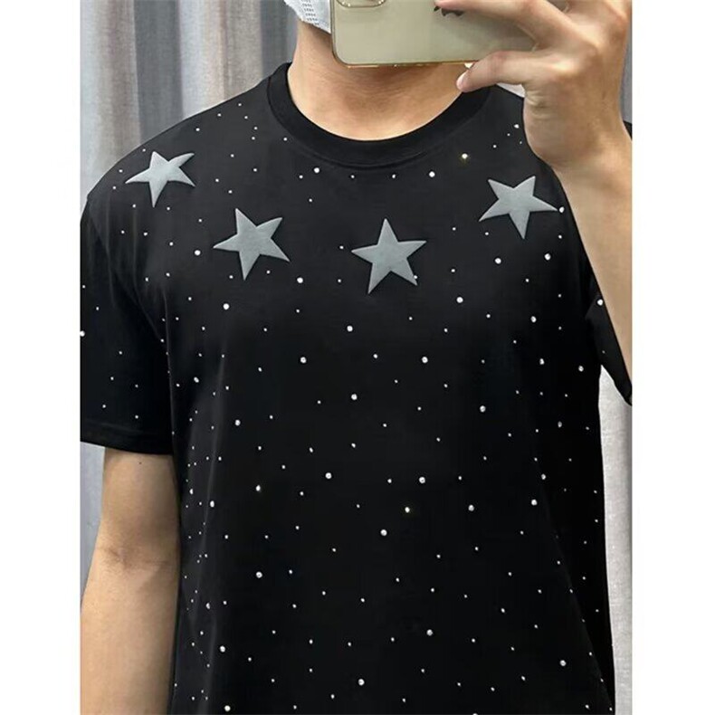 夏季新款五角星潮牌烫钻满天星短袖T恤男宽松时尚设计感半袖上衣,男装T恤,星座506A