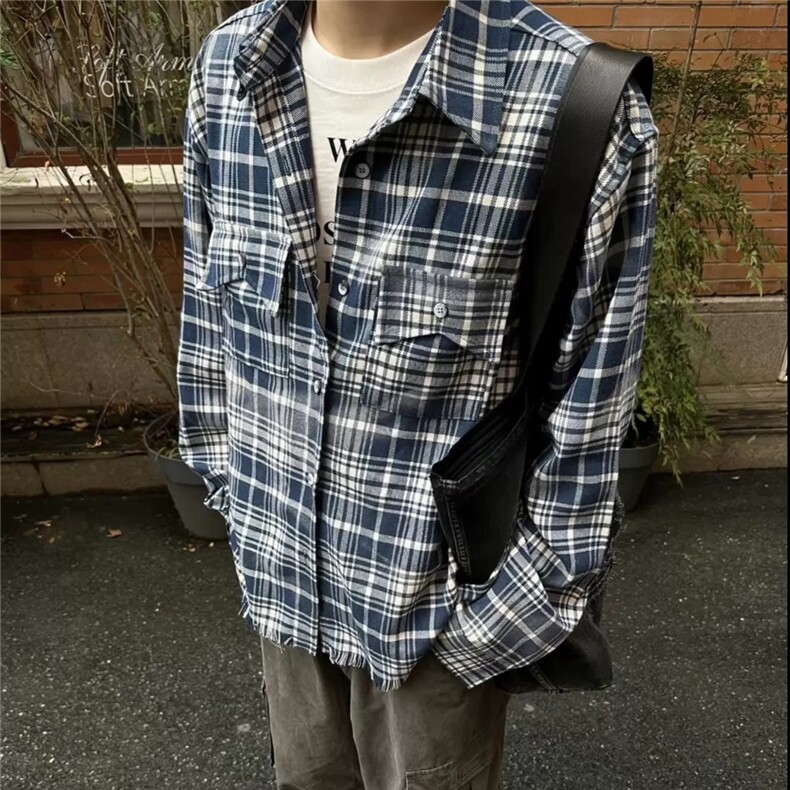 日系格子衬衫男长袖春季新款潮流百搭青少年休闲宽松工装衬衣外套图片
