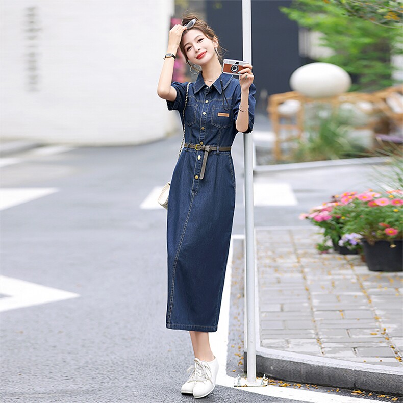 欧货时尚牛仔连衣裙女2024夏季新款修身洋气减龄泡泡袖衬衫中长裙,女装连衣裙,E百度