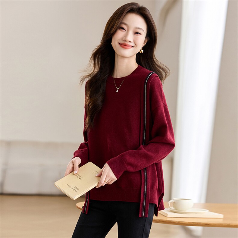 现货可推2024秋冬装新款气质拼接休闲大码套头针织衫加厚毛衣女，女装针织衫/毛衣，时尚风爆