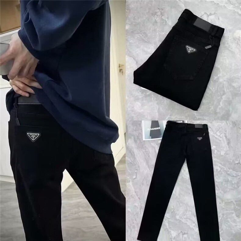 春秋款后袋金属三角标黑色小脚裤百搭显瘦修身高端潮流牛仔长裤,男装休闲裤,星座506A