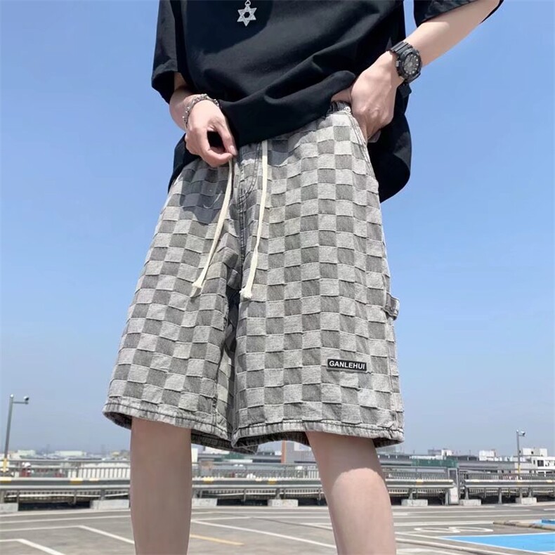 棋盘格牛仔裤夏季韩版时尚个性宽松休闲五分中裤潮流K3118-P38,男装牛仔裤,星座512-3