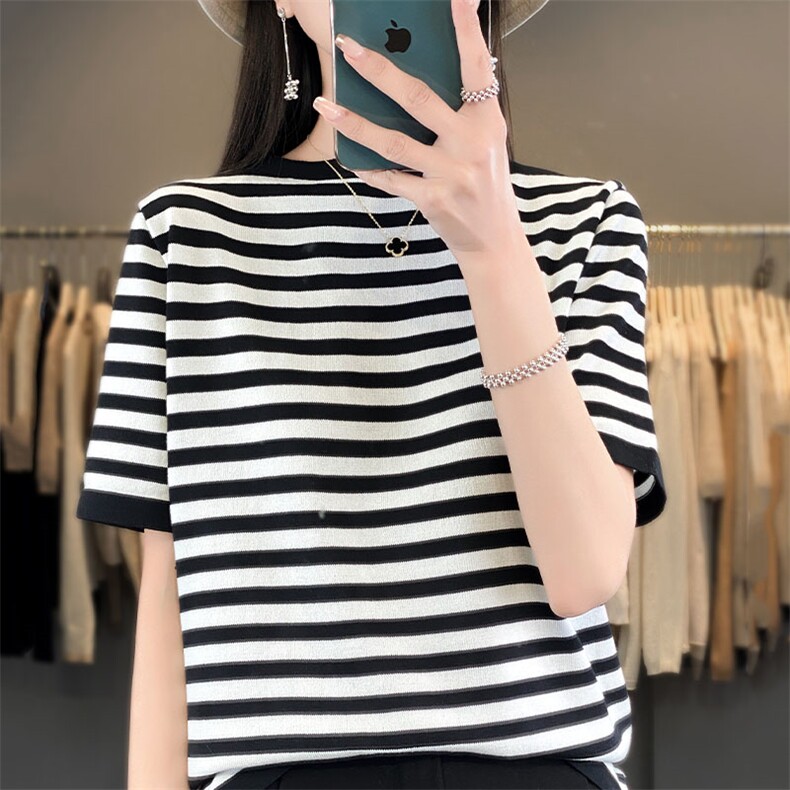 时尚条纹短袖冰丝针织衫显瘦百搭夏季单品，女装针织衫/毛衣，萱芳婷羊绒