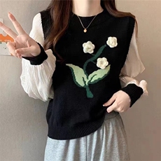 黑色刺绣背心针织马甲叠穿衬衫韩系女秋季新款毛衣上衣坎肩，女装马甲，萱芳婷羊绒