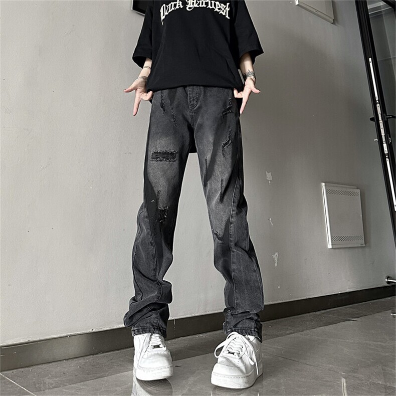 复古破洞牛仔裤男女秋季水洗抓纹直筒长裤磨破撞色裤子NL739,男装牛仔裤,星座1116A（原606A-3）