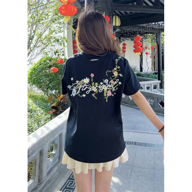 潮美式连肩花卉刺绣纯棉短袖t恤男女2025夏季情侣设计感上衣图片