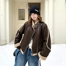 【现货】冬季新款PU皮复合羊羔毛加厚机车风外套2563款P210-K288，女装羊羔毛/颗粒绒，浙宝301