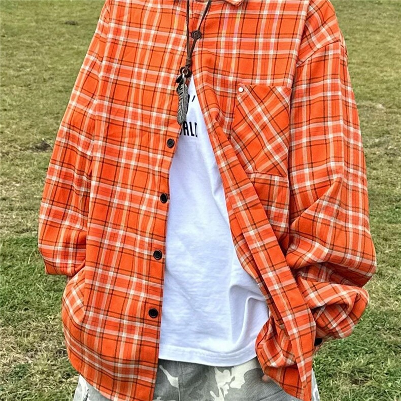 美式复古橙色格子衬衫女秋季撞色拼接格纹长袖衬衣高级感宽松上衣,男装衬衫,星座1210-1