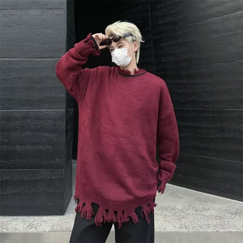 美式小众流苏破洞假两件毛衣男秋冬款宽松痞帅拼接套头针织衫7360图片