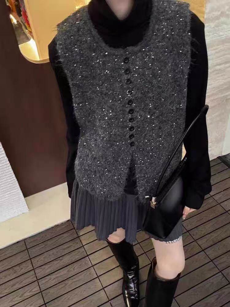 2025年秋季新款百搭女士圆领扣子亮片圆领套头马甲，女装针织衫/毛衣，嘉日羊绒