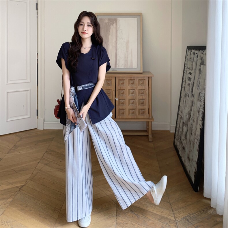藏青色衬衫条纹阔腿裤套装女夏2025新款巨好看流行爆款两件套ootd,女装套装/套裙,2C258