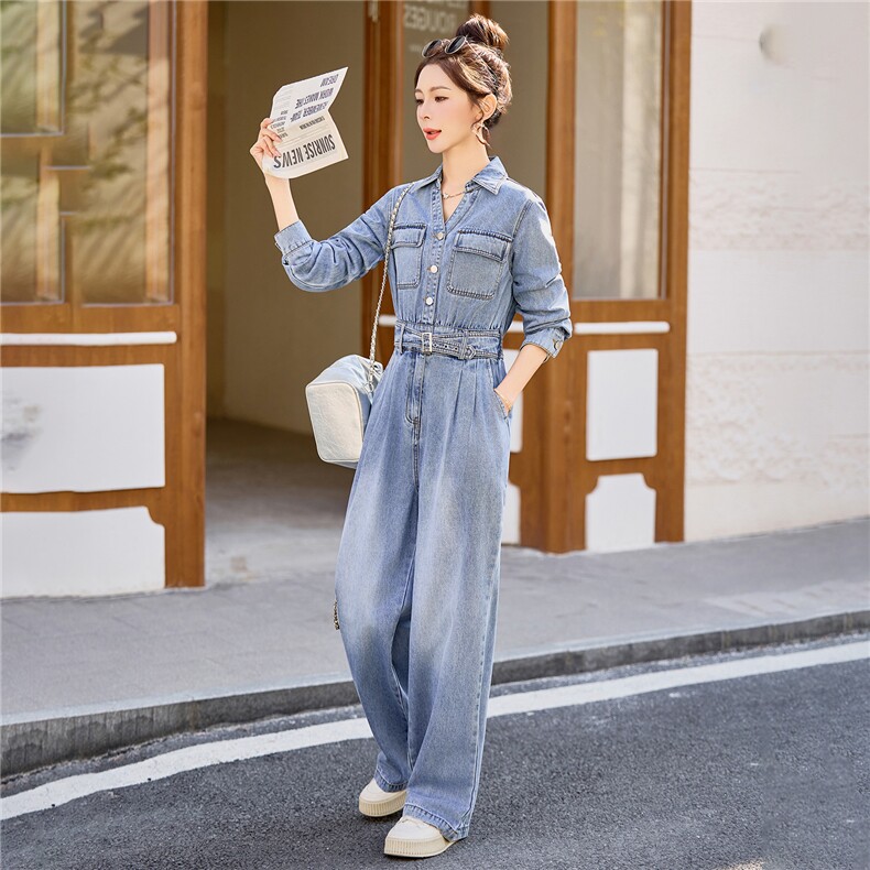 （新款现货）2026春装时尚休闲显瘦工装v领牛仔阔腿腰带连体裤女,女装连体裤,印象茜