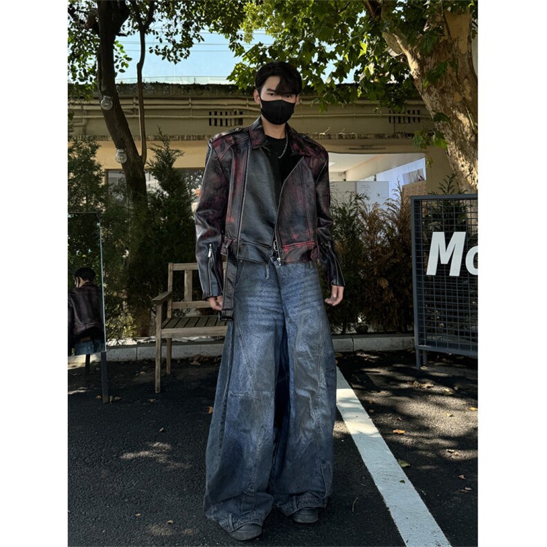 安可拉红擦色短款皮衣外套男设计感小众高级感垫肩解构机车皮夹克,男装皮衣,星座1005