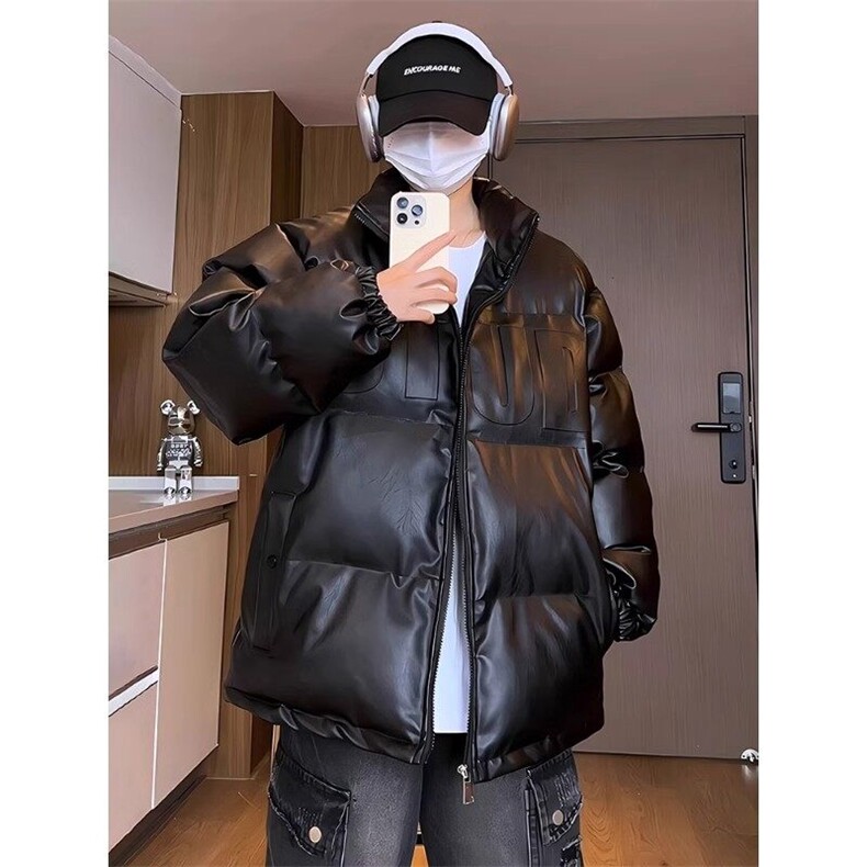 冬季美式立领pu皮钢印羽绒棉服男外套 M2881 P90 直播图片