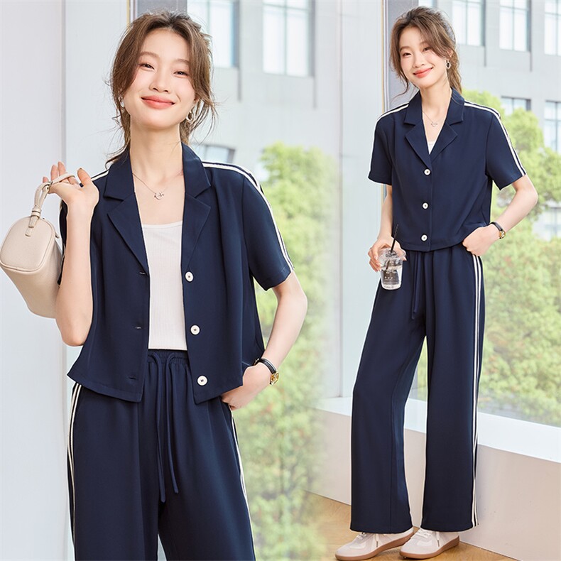 时尚套装女2025夏季新款设计感袖口撞色条纹上衣阔腿直筒裤两件套，女装套装/套裙，辉之琳