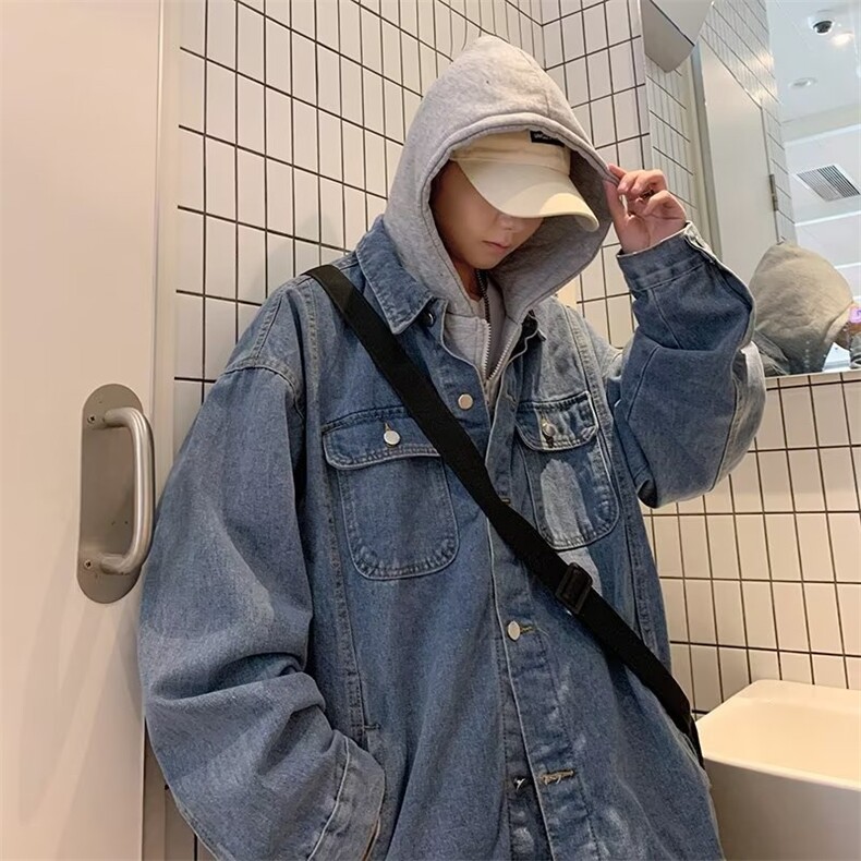 假两件牛外套男韩版潮口袋连帽个性高街2024春季ins外套W5493-P70，女装短外套，星座412-3