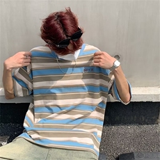 美式复古重磅条纹短袖T恤男女夏季新款百搭圆领上衣潮A1411-P40，男装T恤，星座1008