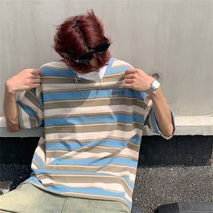 美式复古重磅条纹短袖T恤男女夏季新款百搭圆领上衣潮A1411-P40图片