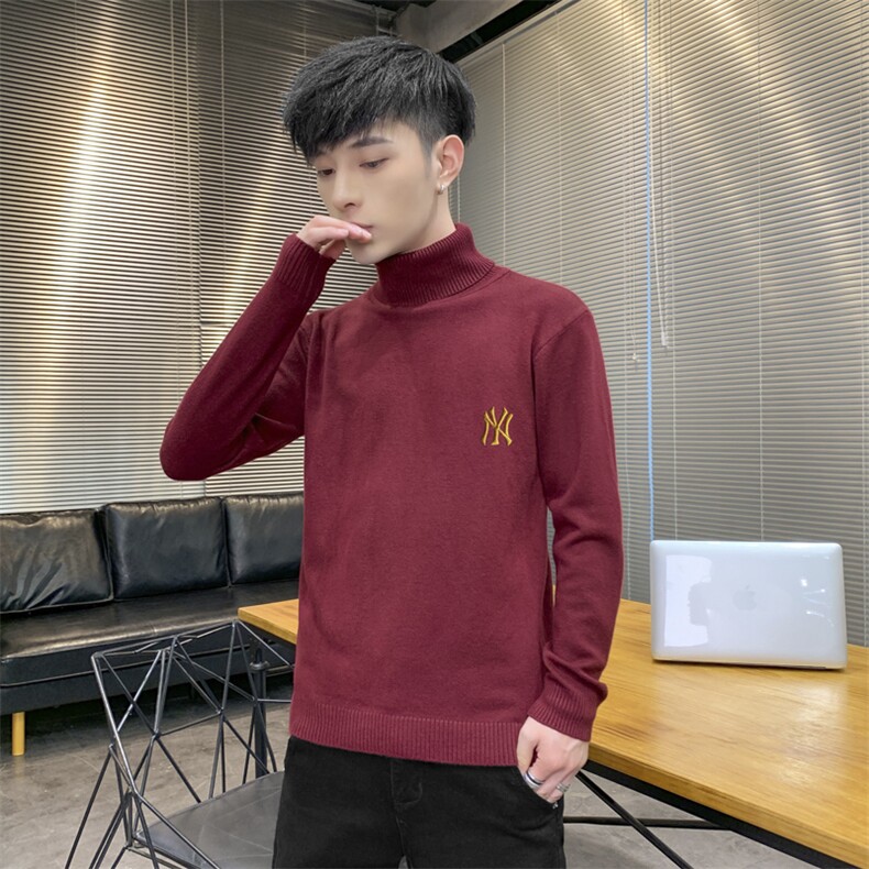秋冬可翻高领毛衣男NY纯色长袖男刺绣毛衫打底针织衫红M251P33,男装针织衫/毛衣,星座1207