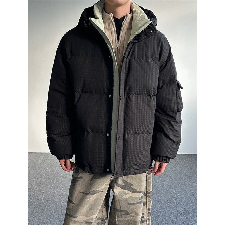 羽绒服格纹肌理工装90绒情侣撞色连帽外套男 D5560-TP190278图片