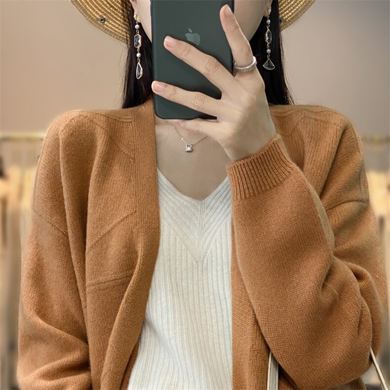 秋冬季新款舒适简约女士中长款羊毛开衫,女装羊毛衫,奢优羊绒