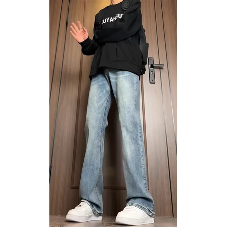 复古蓝牛仔裤男款夏季微喇叭裤直筒美式裤子高街水洗泥色做旧,男装牛仔裤,星座218-1（原230）