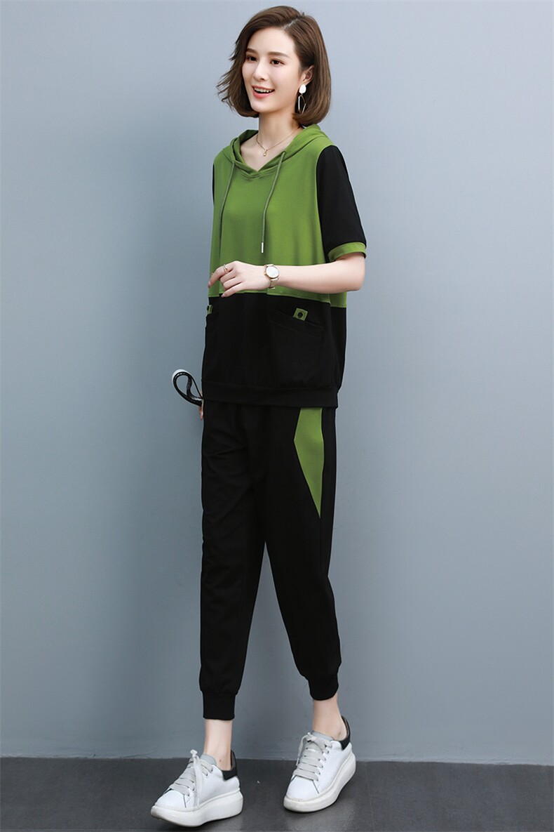时尚运动套装女2025年夏季新款女装韩版宽松休闲八分阔腿裤两件套,女装套装/套裙,江忆布依
