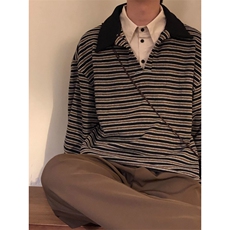 假两件条纹polo衫卫衣男秋季美式学院风dk领带衬衫领外套WYB3，男装衬衫，星座516A