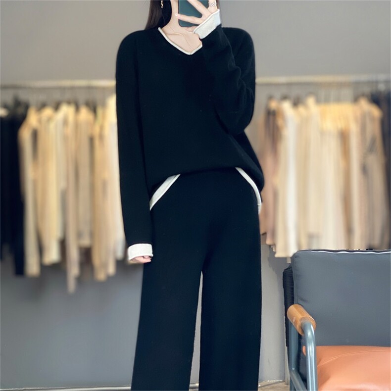 2025年秋季新款百搭女士V领两件套装,女装羊毛衫,宛庄羊绒