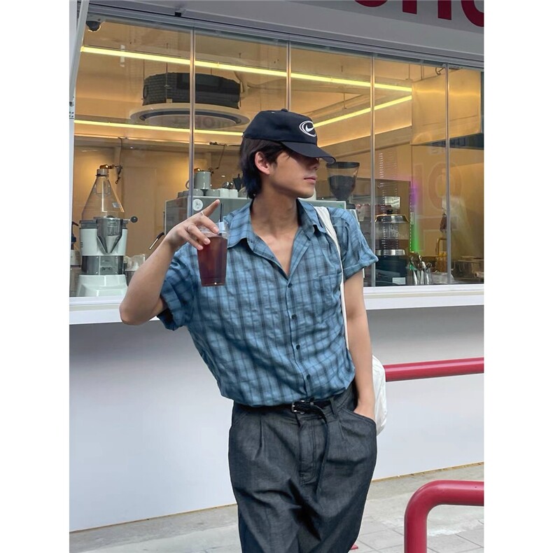 短袖格子衬衫男夏季新款日系痞帅上衣慵懒休闲百搭衬衣CS370,男装T恤,星座208-5
