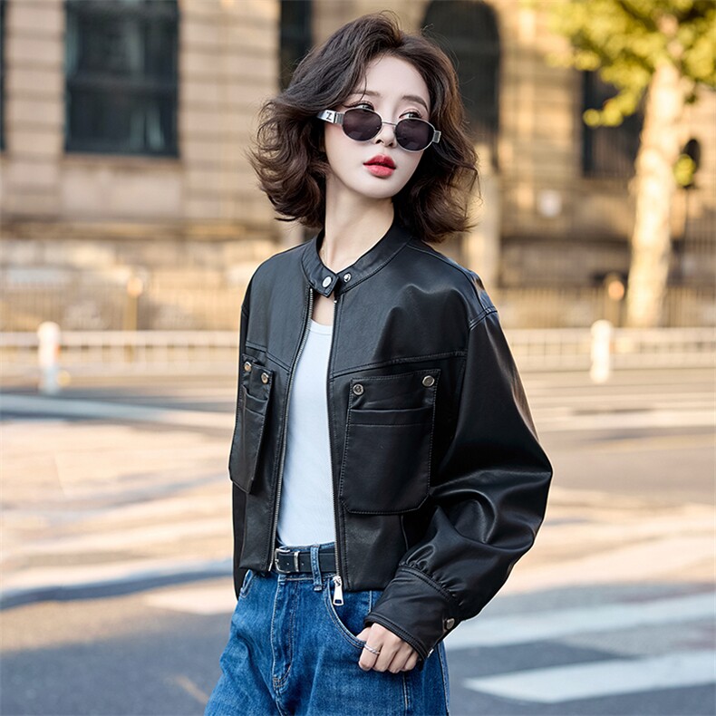 现货立领皮衣2025年女秋季新款气质干练时尚短款外套,女装皮衣,英标秀（1C119）