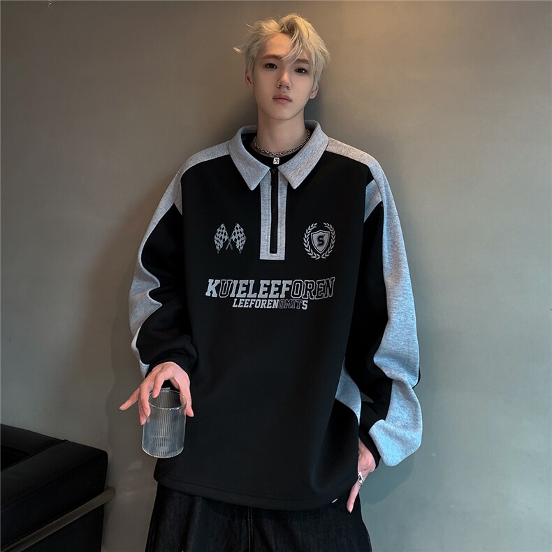 春秋季新款美式拼色字母印花POLO卫衣男潮牌宽松情侣上衣W83-P58,男装卫衣,电商C307