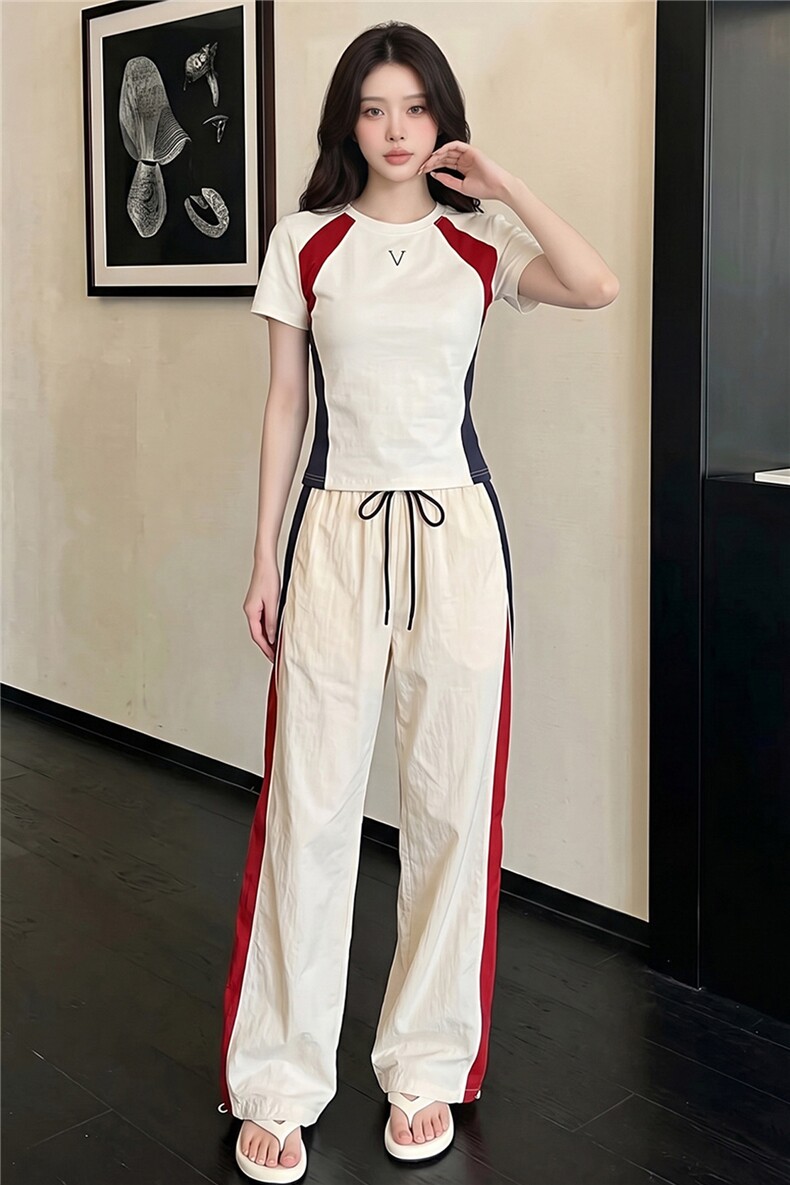 韩版时尚休闲套装女夏季新款高级感圆领撞色拼接上衣阔腿裤两件套,女装套装/套裙,江南