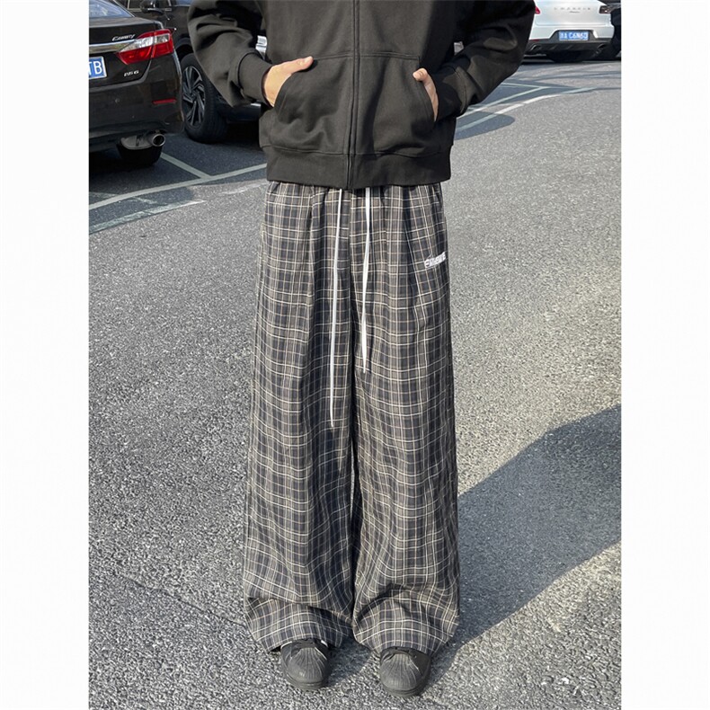 美式复古格子阔腿裤女秋季设计感高腰宽松休闲直筒垂感拖地长裤子,男装休闲裤,星座410-7
