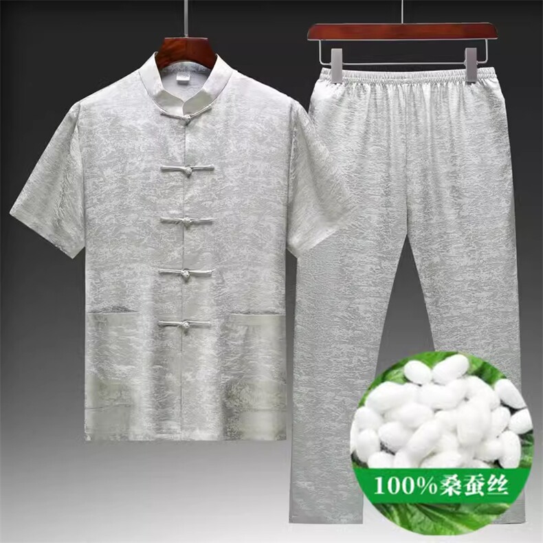 夏款高端唐装套装薄款绸缎男装休闲男上衣,男装休闲套装,钱塘6003B