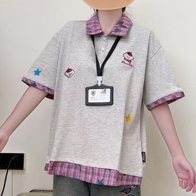 H0597-P35衬衣领假两件刺绣学院风新款T恤女图片
