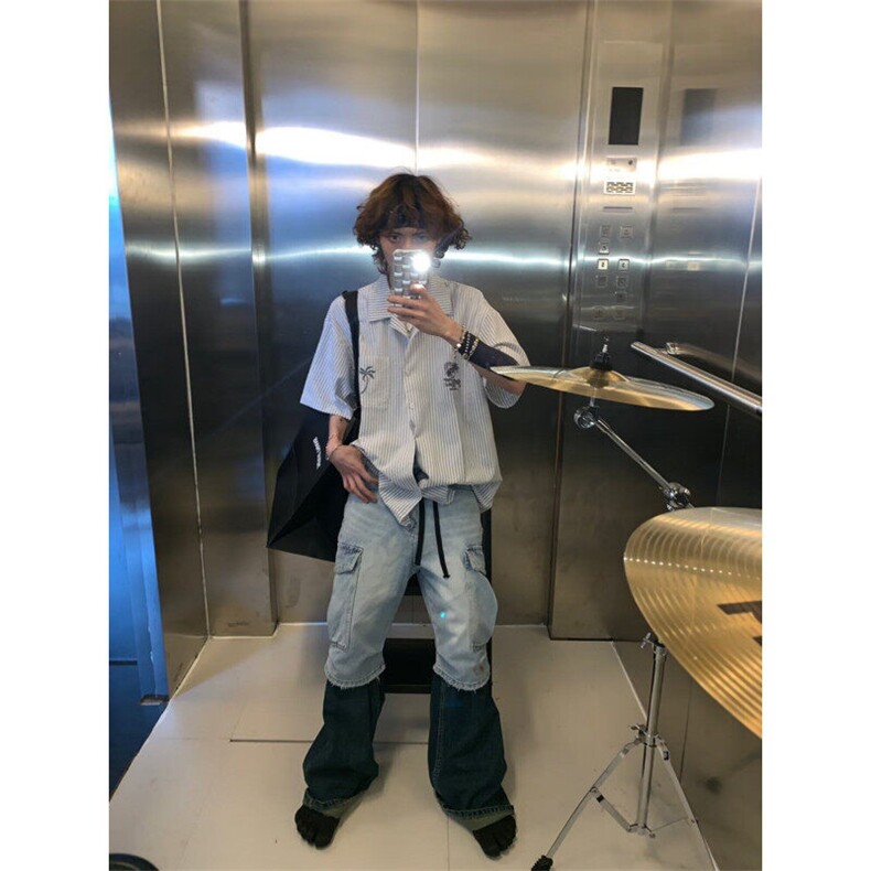 法式条纹短袖衬衫男夏季新款潮流宽松衬衣青少年高街翻领上衣外套,男装衬衫,星座506A