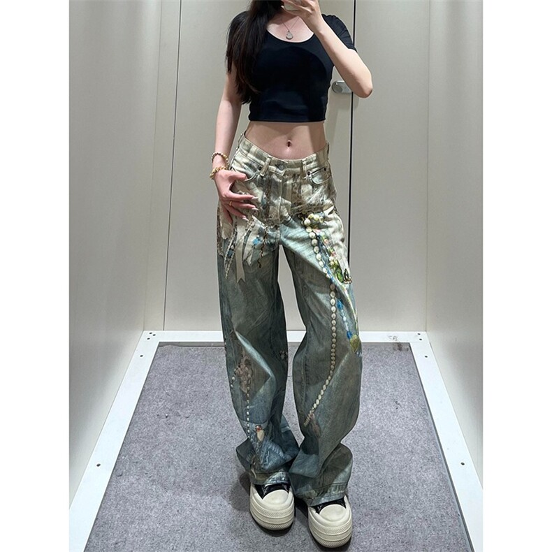 美式直筒牛仔裤印花链条挂饰泼水洗做旧长裤N791-P57图片
