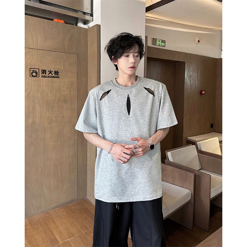 夏季薄款垫肩圆领短袖T恤潮流宽松镂空设计休闲百搭上衣,男装T恤,星座410-7