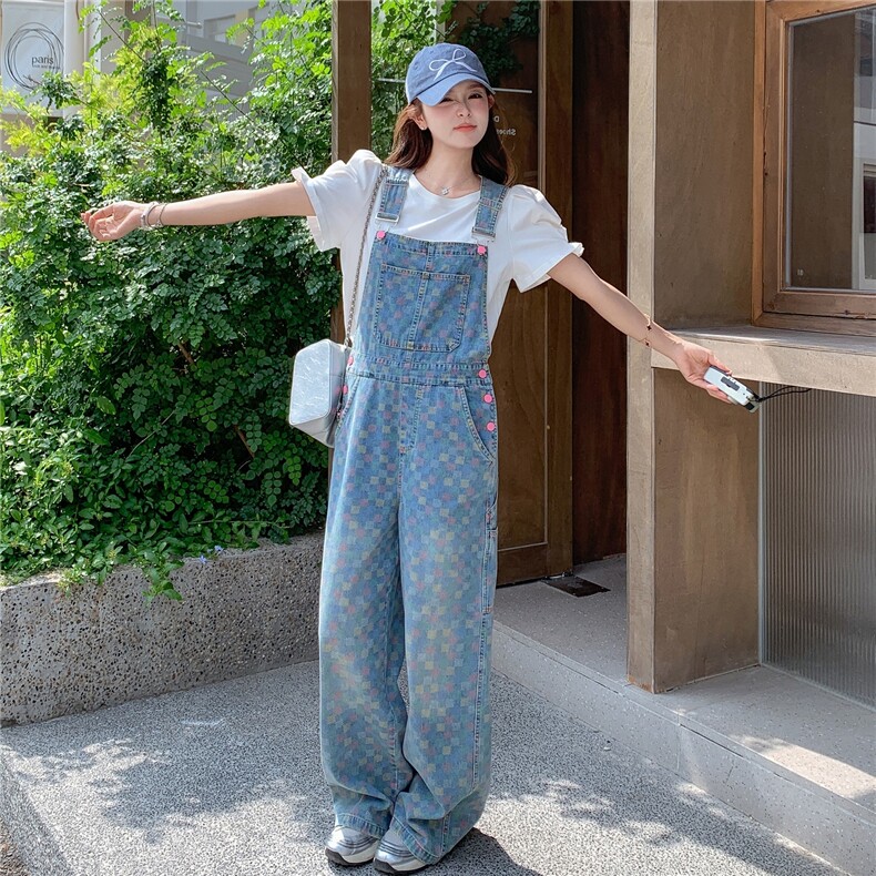 甜美气质棋盘格牛仔背带裤套装女夏2025新款又酷又飒穿搭两件套图片