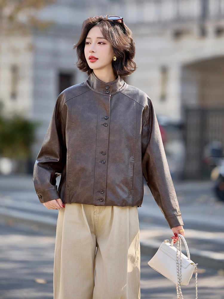 大量现货2025春季女装新款时尚港风宽松休闲皮衣外套,女装皮衣,缘衣格