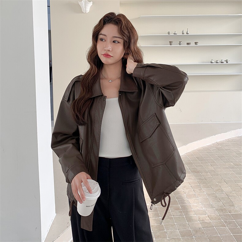 复古翻领咖色皮衣外套女春秋2025新款小个子PU皮夹克爆款高级感,女装皮衣,2C256